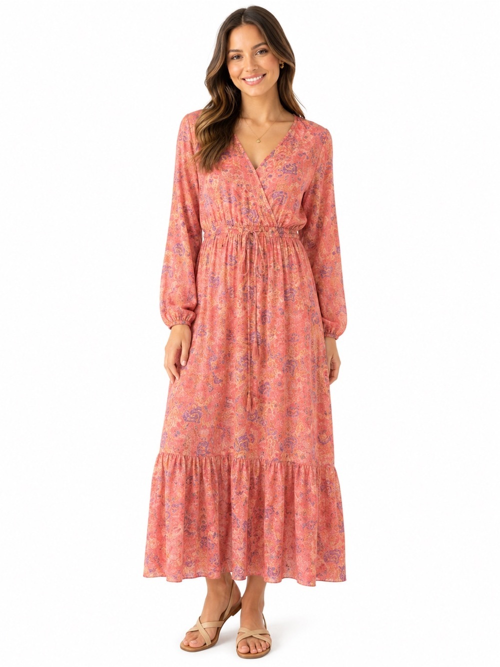 Boemo Anthropologie Coral Pink Tiered Maxi Dress Long Sleeve Boho Size S